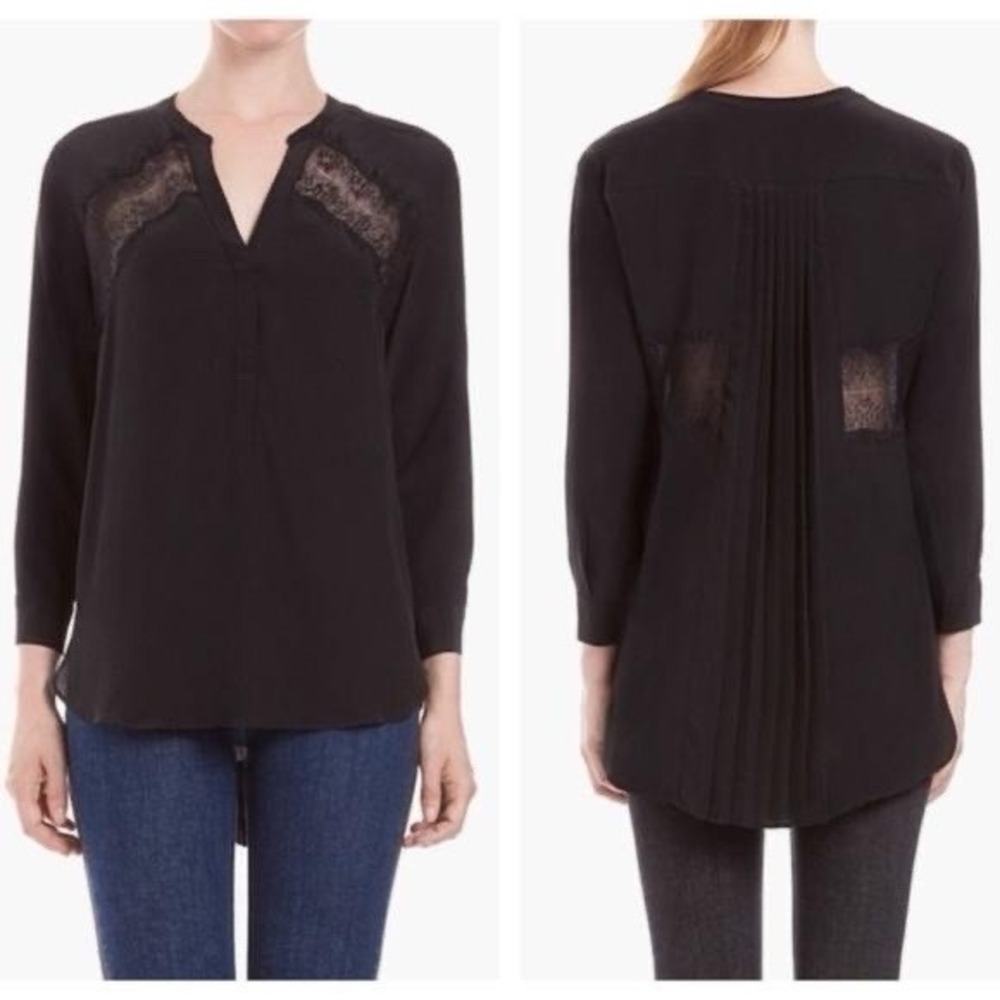 Sandro‎ Paris Black Silk Lace Panel Blouse Small Long Sleeve Pleated Back